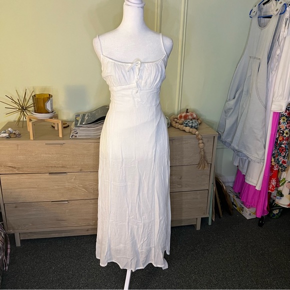 URBAN OUTFITTERS White Tie-Front Spaghetti Strap Midi High-Waist Slip Dress Sz L - Picture 9 of 16
